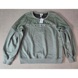 Cato Olive Green Lace Embellished Blouson Sleeve Sweatshirt Women's Large Beaded